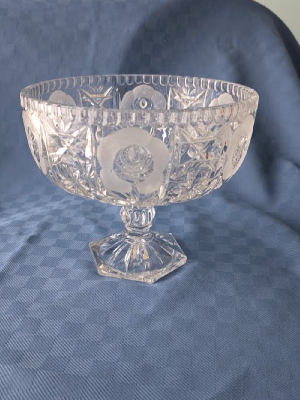 Vintage Hand Cut Crystal Pedestal Compote Centerpiece Bowl Frosted Rose